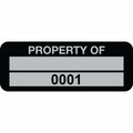 Lustre-Cal Property ID Label PROPERTY OF 5 Alum Black 2in x 0.75in 1 Blank Pad & Serialized 0001-0100, 100PK 253740Ma2K0001